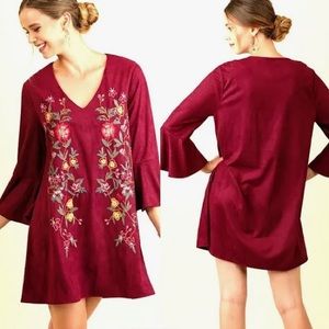 Umgee Faux Suede Embroidered Dress